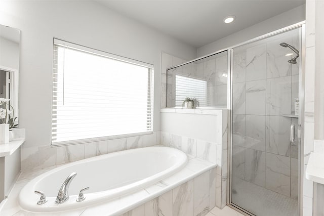 13746 Brahman Valley Ct, Cypress, TX 77429 - bathroom featuring a bath, a stall shower, vanity, and recessed lighting