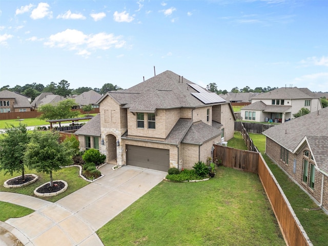 13746 Brahman Valley Ct, Cypress, TX 77429 - french country home featuring a residential view, a garage, concrete driveway, and roof with shingles