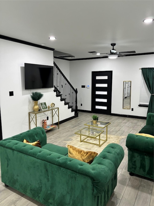 4739 Reed Rd Unit A, Houston, TX 77033 - living area with stairs, wood finished floors, a ceiling fan, and recessed lighting