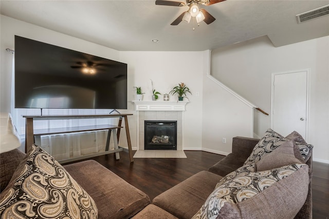 20507 Avery Grove Ct, Cypress, TX 77433 - living room with a fireplace, wood finished floors, and a ceiling fan