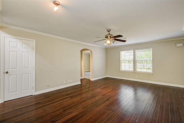 238 Horse Shoe Trl, Angleton, TX 77515 - unfurnished room featuring arched walkways, a ceiling fan, ornamental molding, and dark wood-style floors