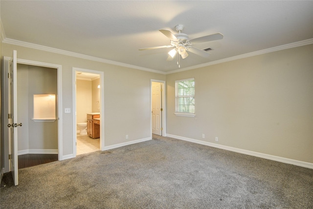 238 Horse Shoe Trl, Angleton, TX 77515 - unfurnished bedroom featuring carpet flooring, crown molding, connected bathroom, and ceiling fan