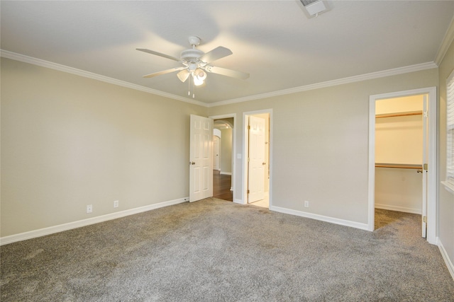 238 Horse Shoe Trl, Angleton, TX 77515 - unfurnished bedroom featuring ornamental molding, carpet, a spacious closet, ceiling fan, and a closet