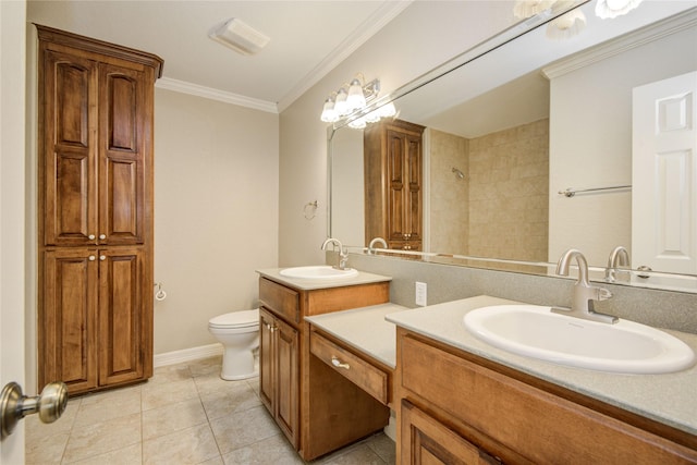 238 Horse Shoe Trl, Angleton, TX 77515 - bathroom with double vanity, ornamental molding, tile patterned flooring, and a shower