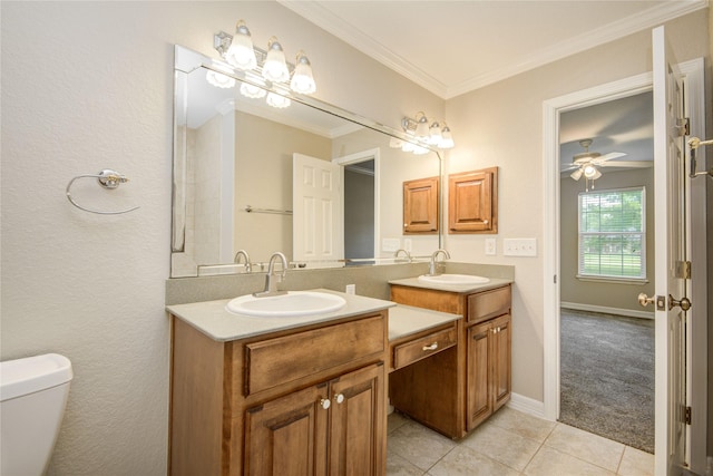 238 Horse Shoe Trl, Angleton, TX 77515 - full bath featuring double vanity, tile patterned flooring, crown molding, and a ceiling fan