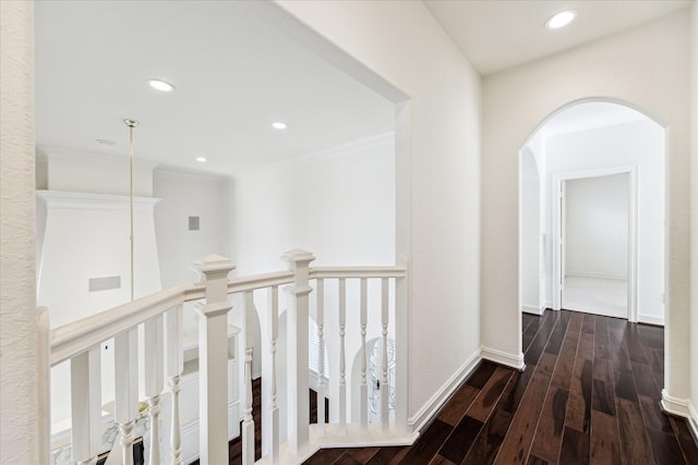 966 Bentwater Dr, Montgomery, TX 77356 - hall with wood finished floors, recessed lighting, crown molding, and arched walkways