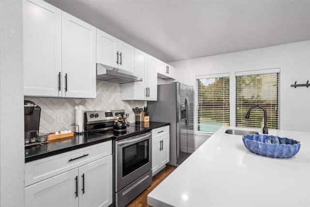 3404 Rosedale St, Houston, TX 77004 - kitchen featuring stainless steel appliances, under cabinet range hood, white cabinetry, decorative backsplash, and dark wood-type flooring