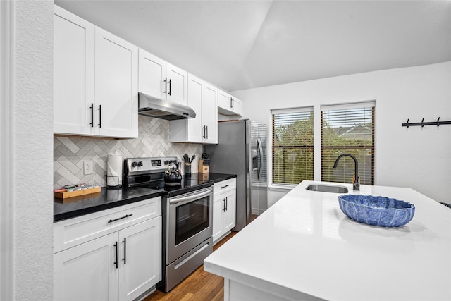 3404 Rosedale St, Houston, TX 77004 - kitchen featuring stainless steel appliances, under cabinet range hood, tasteful backsplash, white cabinets, and wood finished floors