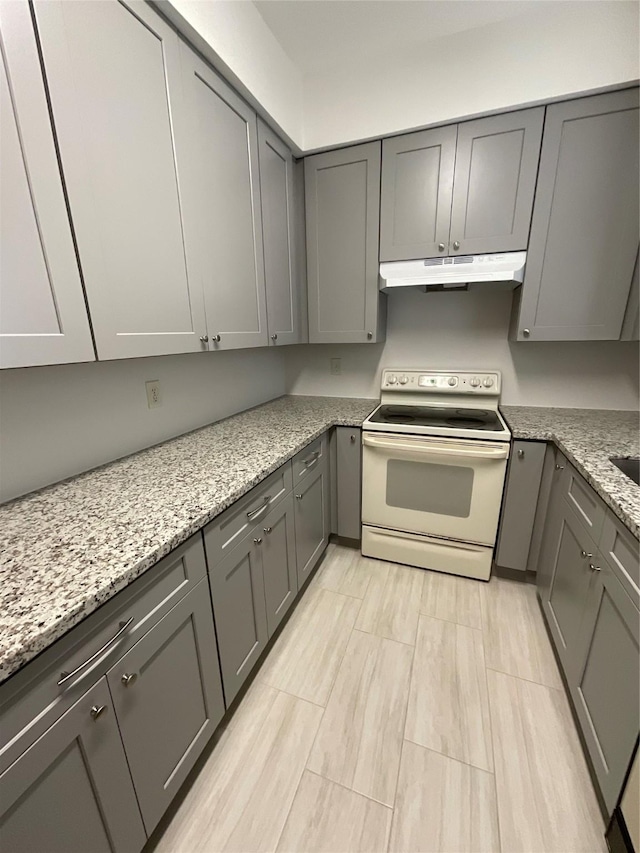 3100 Walnut Bend Ln Unit 113, Houston, TX 77042 - kitchen featuring electric stove, gray cabinets, under cabinet range hood, and light stone counters
