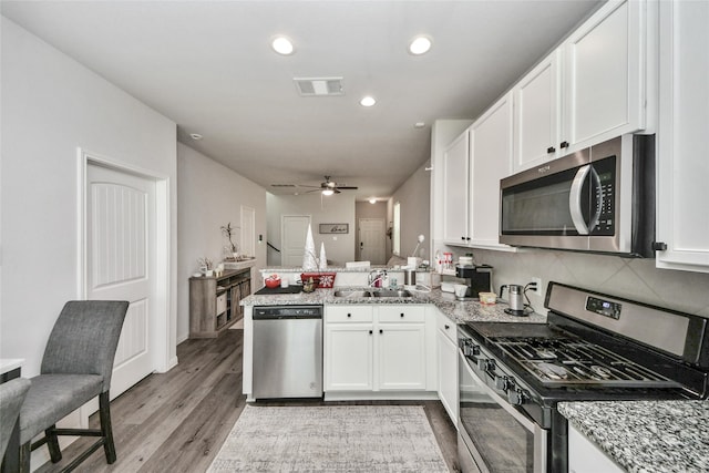 3923 Calasso Ct, Katy, TX 77493 - kitchen featuring stainless steel appliances, a ceiling fan, a peninsula, white cabinets, and recessed lighting