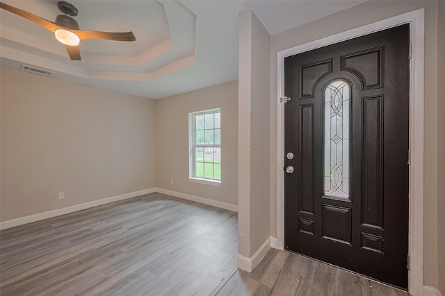 11502 Leader St, Houston, TX 77072 - foyer with a raised ceiling, wood finished floors, and ceiling fan