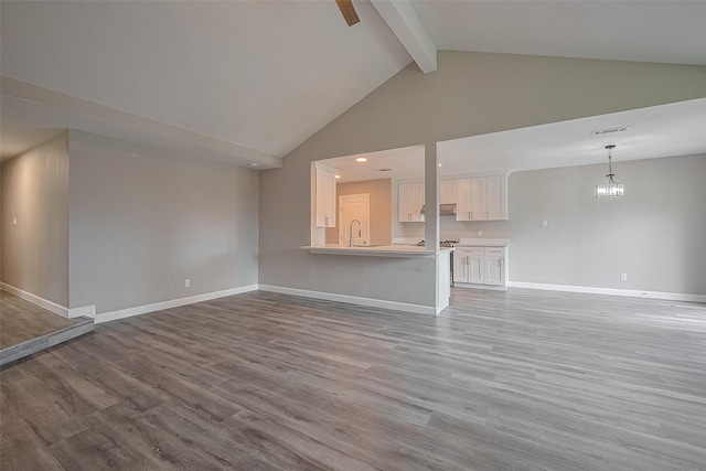11502 Leader St, Houston, TX 77072 - unfurnished living room featuring beamed ceiling, high vaulted ceiling, wood finished floors, recessed lighting, and a chandelier