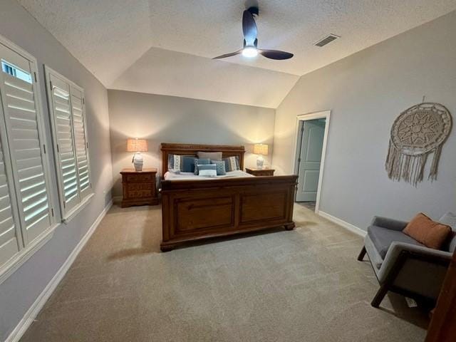 108 Audubon Woods Dr, Richwood, TX 77531 - bedroom featuring lofted ceiling, light carpet, a textured ceiling, and ceiling fan