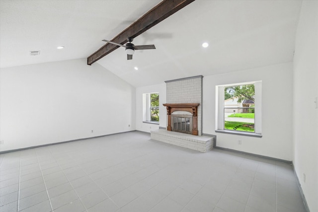 604 Briarclift Ln, Baytown, TX 77521 - unfurnished living room featuring a brick fireplace, ceiling fan, and recessed lighting