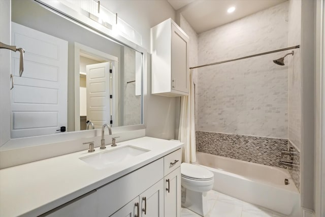 1116 W Drew St, Houston, TX 77006 - bathroom with vanity, shower / tub combo with curtain, recessed lighting, and marble look tiles
