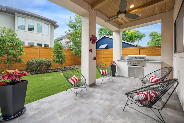 1116 W Drew St, Houston, TX 77006 - fenced backyard with exterior kitchen, ceiling fan, and a patio