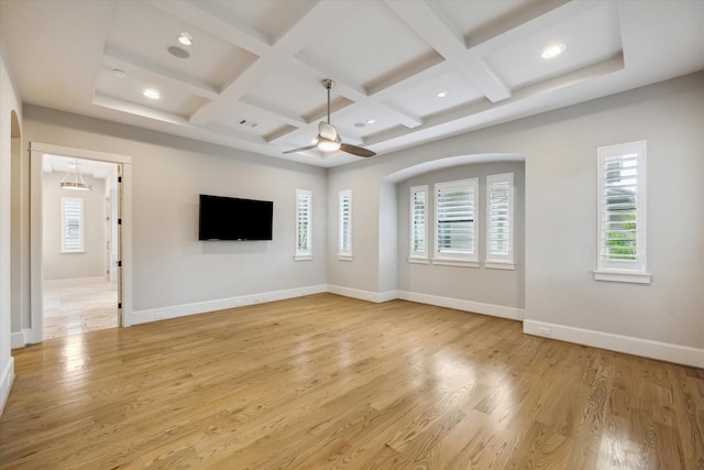 1116 W Drew St, Houston, TX 77006 - unfurnished living room featuring recessed lighting, coffered ceiling, light wood-type flooring, a ceiling fan, and beam ceiling