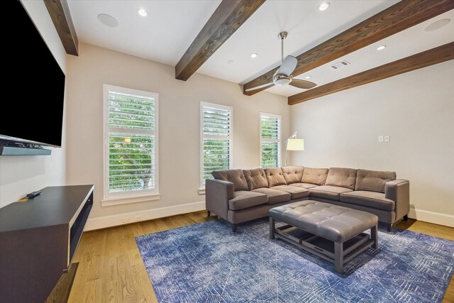 1116 W Drew St, Houston, TX 77006 - living area with healthy amount of natural light, recessed lighting, beamed ceiling, wood finished floors, and ceiling fan