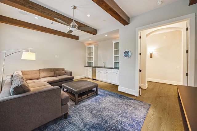 1116 W Drew St, Houston, TX 77006 - living room with wood finished floors, ceiling fan, recessed lighting, and beam ceiling