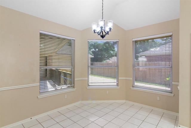 14510 Kings Head Dr, Houston, TX 77044 - unfurnished dining area featuring a chandelier, vaulted ceiling, and light tile patterned floors