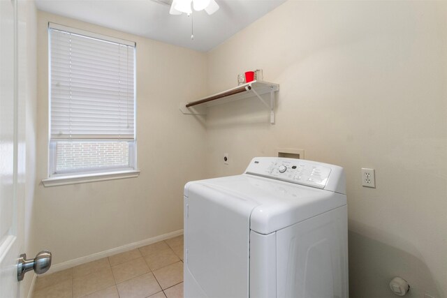 14510 Kings Head Dr, Houston, TX 77044 - laundry room with washer / clothes dryer, ceiling fan, and light tile patterned floors