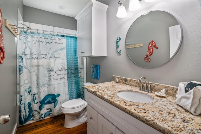 18607 Warrior Rd, Galveston, TX 77554 - full bathroom with vanity, wood finished floors, and a shower with curtain