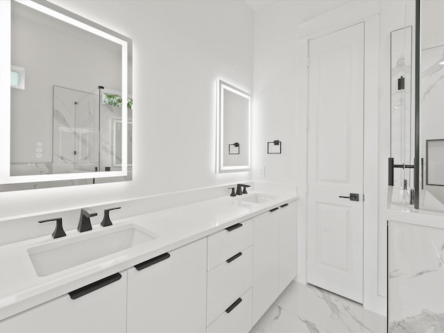 1604 Mary St, Houston, TX 77026 - bathroom featuring marble look tile flooring, double vanity, and a marble finish shower