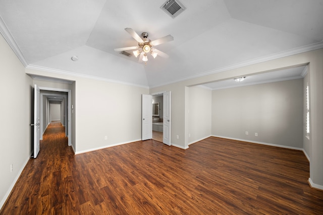 1517 Asbury St, Houston, TX 77007 - unfurnished room with ceiling fan, dark wood finished floors, vaulted ceiling, ornamental molding, and a smoke detector