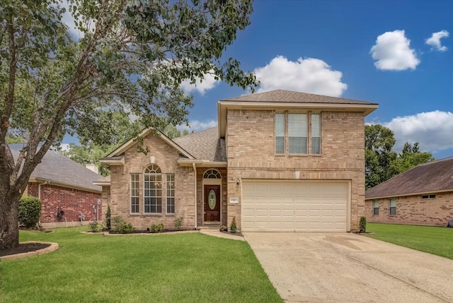 71 N Merryweather Cir, Conroe, TX 77384 - traditional home with brick siding, driveway, a garage, a front lawn, and a shingled roof