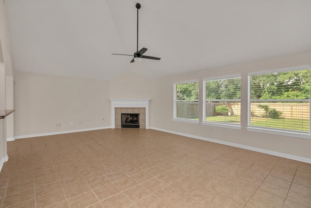 71 N Merryweather Cir, Conroe, TX 77384 - unfurnished living room featuring ceiling fan, a fireplace, and high vaulted ceiling