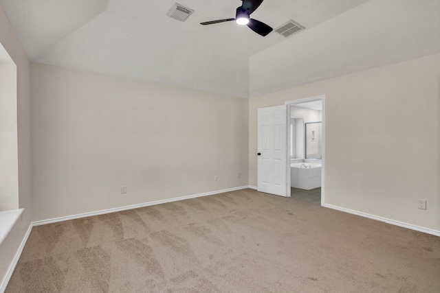 71 N Merryweather Cir, Conroe, TX 77384 - unfurnished bedroom featuring lofted ceiling, carpet floors, connected bathroom, and a ceiling fan