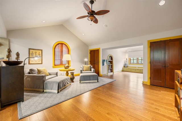 603 W Friar Tuck Ln, Houston, TX 77024 - living room featuring ceiling fan, light wood-style floors, vaulted ceiling, and recessed lighting