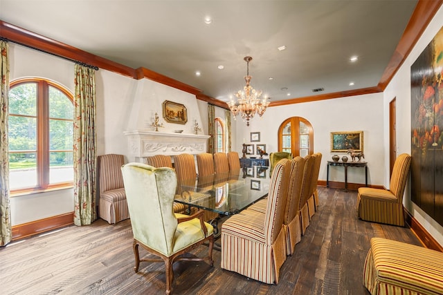 603 W Friar Tuck Ln, Houston, TX 77024 - dining area featuring a chandelier, hardwood / wood-style flooring, ornamental molding, and recessed lighting