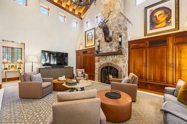 603 W Friar Tuck Ln, Houston, TX 77024 - living room featuring high vaulted ceiling, a fireplace, healthy amount of natural light, a chandelier, and beamed ceiling