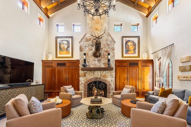 603 W Friar Tuck Ln, Houston, TX 77024 - sitting room featuring high vaulted ceiling, a wooden ceiling with exposed beams, a chandelier, a stone fireplace, and healthy amount of natural light