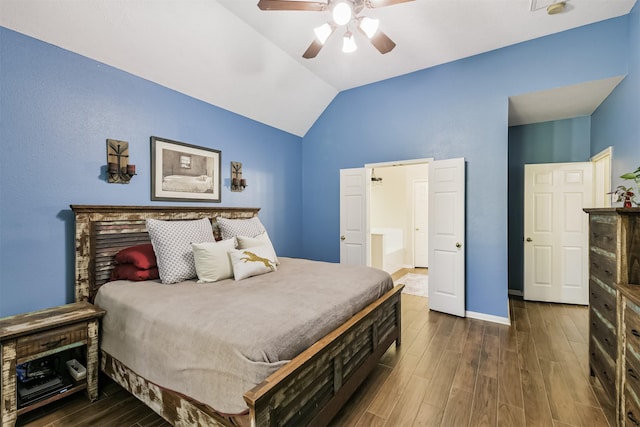 227 Fairwind Trail Dr, The Woodlands, TX 77385 - bedroom featuring vaulted ceiling, dark wood-style flooring, and ceiling fan