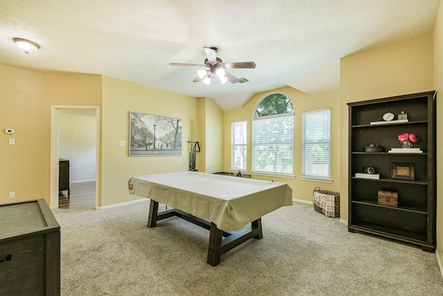 227 Fairwind Trail Dr, The Woodlands, TX 77385 - recreation room featuring ceiling fan, carpet flooring, billiards, and vaulted ceiling