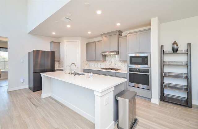 9522 Rialto Creek Dr, Cypress, TX 77433 - kitchen featuring appliances with stainless steel finishes, gray cabinetry, light wood-style floors, backsplash, and an island with sink