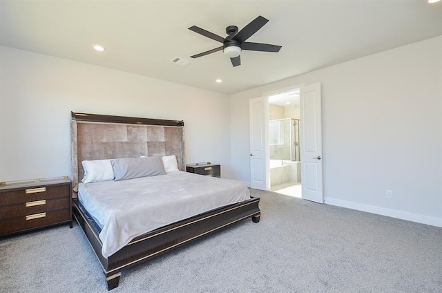 9522 Rialto Creek Dr, Cypress, TX 77433 - carpeted bedroom with recessed lighting, ensuite bath, and ceiling fan