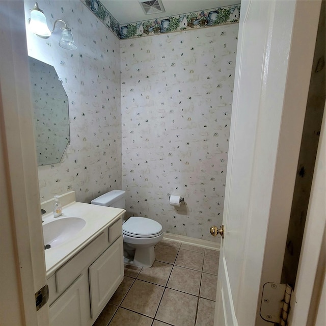 110 Greenridge Cir, League City, TX 77573 - half bathroom with wallpapered walls, tile patterned floors, and vanity