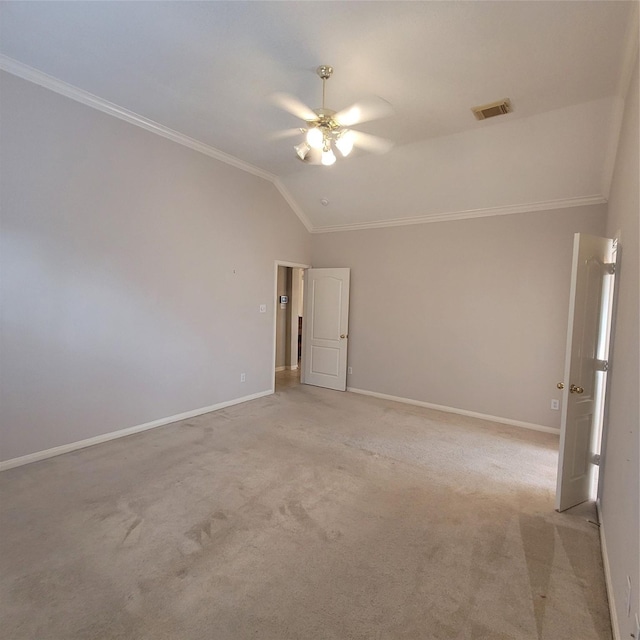 110 Greenridge Cir, League City, TX 77573 - unfurnished room featuring ornamental molding, lofted ceiling, ceiling fan, and light colored carpet