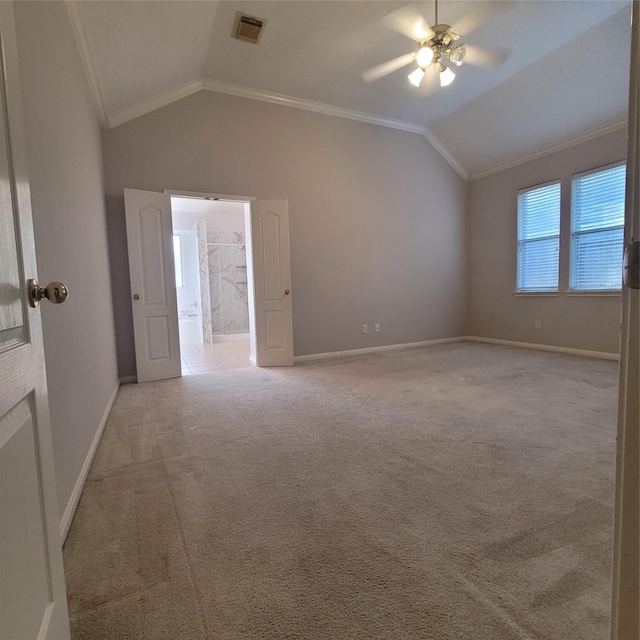 110 Greenridge Cir, League City, TX 77573 - empty room featuring lofted ceiling, crown molding, light colored carpet, and ceiling fan
