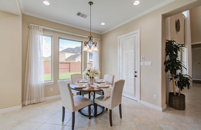5719 Avon Landing Ln, Sugar Land, TX 77479 - dining room featuring ornamental molding, light tile patterned floors, a chandelier, and recessed lighting