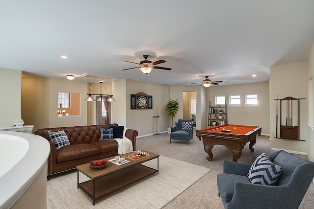 5719 Avon Landing Ln, Sugar Land, TX 77479 - living room featuring billiards, light colored carpet, a ceiling fan, and recessed lighting