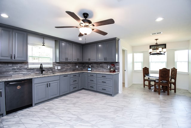 718 River Plantation Dr, Conroe, TX 77302 - kitchen featuring dishwasher, healthy amount of natural light, gray cabinetry, backsplash, and recessed lighting