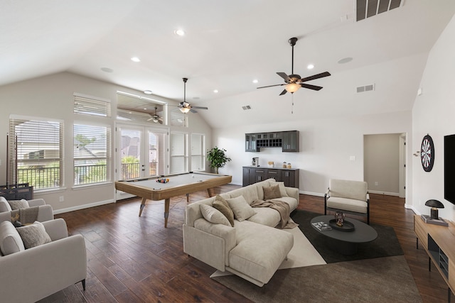 3971 Rolling Thicket Dr, Spring, TX 77386 - living area featuring lofted ceiling, pool table, a ceiling fan, dark wood-style flooring, and recessed lighting