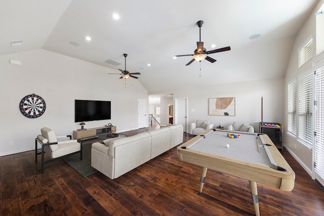 3971 Rolling Thicket Dr, Spring, TX 77386 - living room with ceiling fan, dark wood finished floors, high vaulted ceiling, billiards table, and recessed lighting