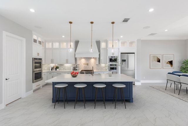 3971 Rolling Thicket Dr, Spring, TX 77386 - kitchen featuring premium range hood, stainless steel appliances, light countertops, decorative backsplash, and recessed lighting