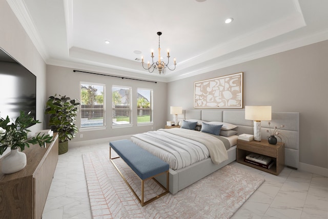 3971 Rolling Thicket Dr, Spring, TX 77386 - bedroom featuring light marble finish floors, a tray ceiling, a chandelier, recessed lighting, and ornamental molding