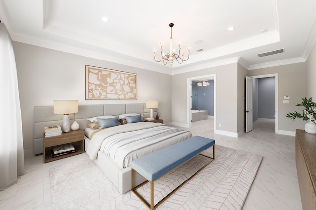 3971 Rolling Thicket Dr, Spring, TX 77386 - bedroom with a raised ceiling, a chandelier, crown molding, light marble finish flooring, and recessed lighting
